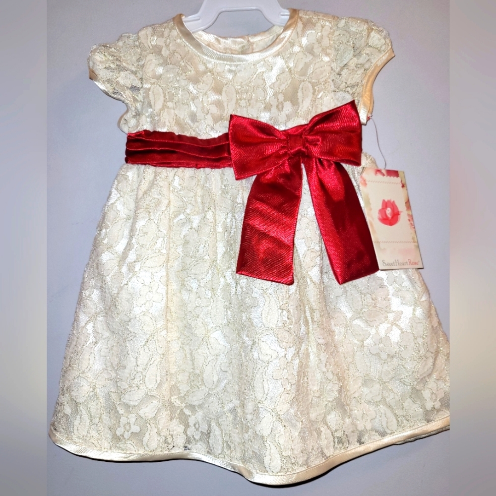 🆕️ Sweet Heart Rose Cream Lace Dress W/ Red Satin Bow Toddler Girls 18 Months